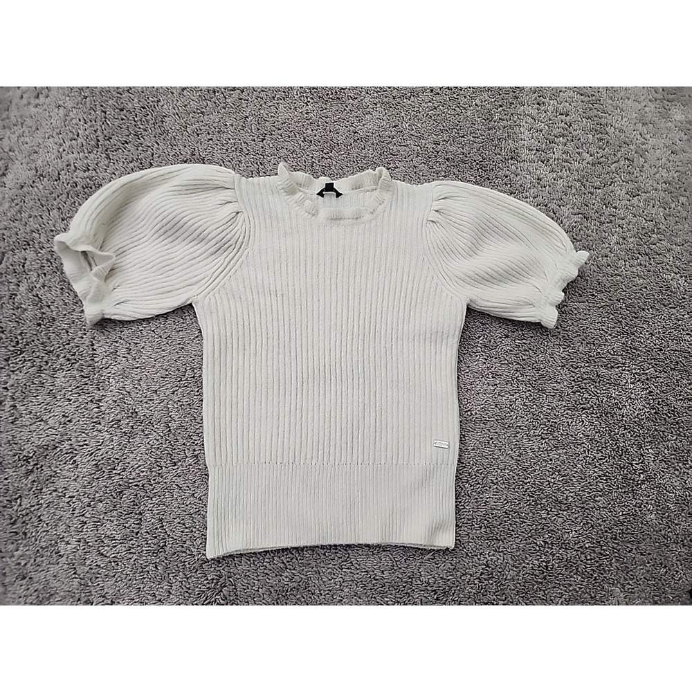 Buffalo David Bitton Womens M White Ribbed Knit Puff Short Sleeve Retro Classic